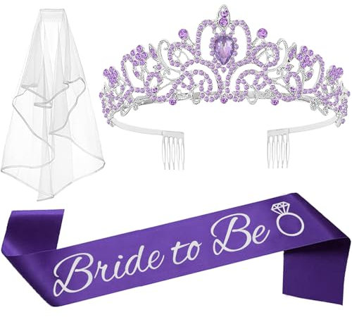 JETKONG 3 Stück Junggesellinnenabschied-Dekorationen, Brautparty-Krone, Schärpe und Schleier für Frauen, Junggesellinnenabschied, Geschenke, Gastgeschenke (lila)