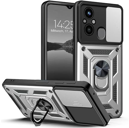 LBH Armor Hülle für Xiaomi Redmi 12C Case mit Kameraschutz Outdoor Stoßfest Handyhülle 360 Grad Metal Ring Halter Ständer Schutzhülle für Handyhalterung Auto Magnet Silber