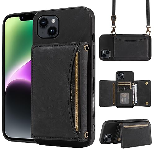 ELISORLI Phone Case For iPhone 13 6.1inch Wallet Cover with Crossbody Shoulder Strap and Leather Credit Card Holder Pocket Slim Cell Accessories iPhone13 5G i i-Phone i13 iPhone13case Women Men Black
