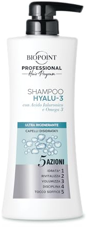 Biopoint Professional Hair Program - Shampoo Hyalu-3, Arricchito con Acido Ialuronico e Omega 3, Azione Ultra Rigenerante, per Capelli secchi e disidratati, 400ml