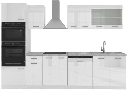 Vicco Küchenzeile R-Line, Weiß Hochglanz/Weiß, 300 cm mit Hochschrank, AP Eiche