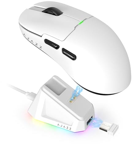 AJAZZ AJ159 P SUPERLIGHT Wireless Gaming Mouse with Magnetic Charging Dock, Ultra-Light 56g, Pixart PAW3395 Sensor, 26000 DPI, 2.4Ghz/Wired, 6 Programmable Buttons, 200Hrs Battery, for PC/MAC (White)