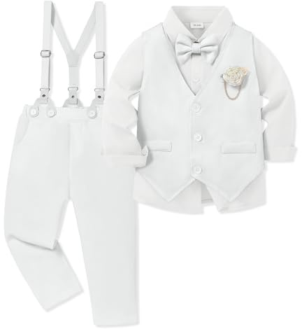 WESIDOM Toddler Boy Clothes Suit Formal Dress Shirt+Bowtie+Vest+Boutonniere+Suspender Pants Boys Gentleman Outfits Set White