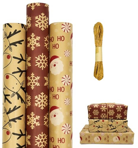 LYINUR 3Pcs Christmas Wrapping Paper Roll (43 cm x 3 m), Kraft Wrapping Paper Brown Craft Paper, Xmas Santa Claus Snowflake Elk Packing Paper Rolls for Christmas Birthday Flower Gift Wrap