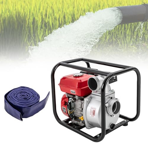 chennnls 3 Benzin Wasserpumpe, 7,5PS 40m Förderhöhe, 36.000 l/h, Gartenpumpe Schmutzwasserpumpe mit 4-Takt-Motor und 7m Schlauch, Benzin Pumpe, Seilzugstart, Metallfuß, Tragegriff