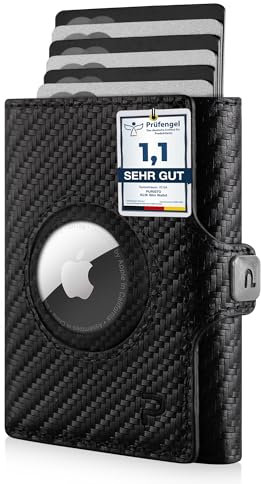 PURISTO KLIK Classic AirTag Wallet mit Münzfach - Mini-Geldbörse für Herren aus Echtleder - Kleines Kartenetui mit RFID-Schutz für 10-14 Karten - Carbon
