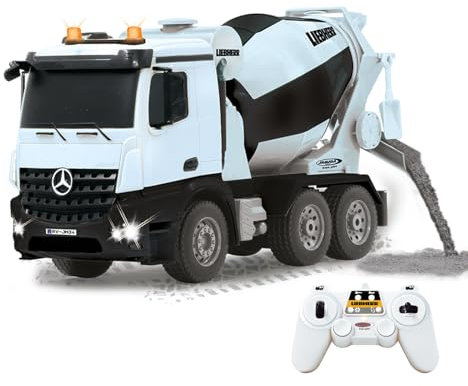 JAMARA Fahrmischer Mercedes-Benz Arocs Liebherr 1:20 2,4GHz - Offiziell lizenziert, Rückfahrwarnsound, 4 Radantrieb, Profilierte Gummireifen, LED Licht, Mischtrommel drehbar mit Entladefunktion