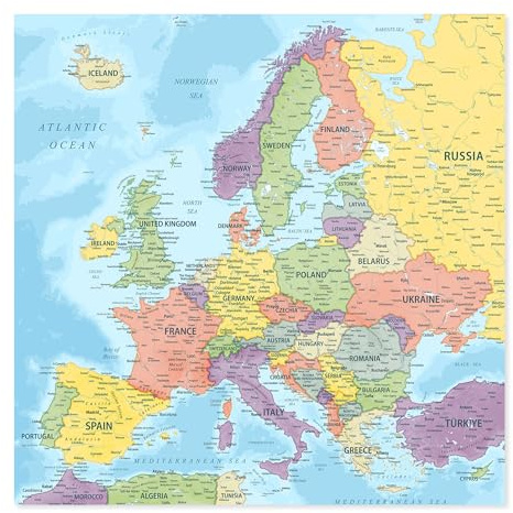Postereck - 4133 - Europakarte: Länder, Städte & Gewässer, detailliert. - Wandposter Fotoposter Bild Wandbild Wanddeko deko - Poster - 61,0cm x 61,0cm