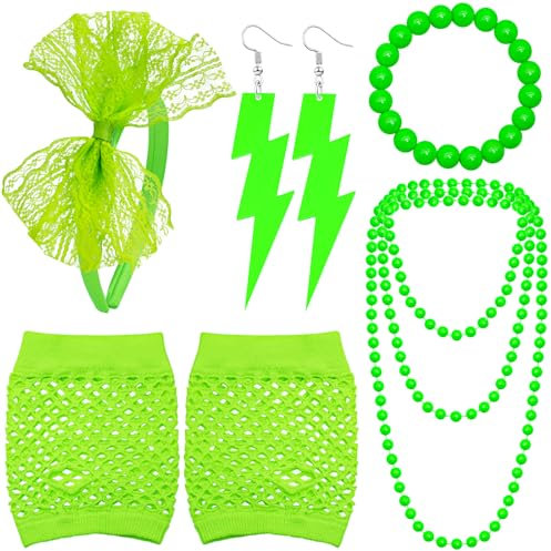 RYMAUP 90er 80er Neon Accessoires für Damen: Spitzen Stirnband, Neon Ohrringe, Netzhandschuhe, Halskette, Armband für Karneval, 80er Outfit
