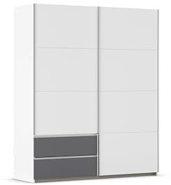 Rauch Möbel Stoke, Schwebetürenschrank, Kleiderschrank, Schrank, Garderobe, 2-türig, 2 Schubladen, Farbe Weiß/Grau metallic, Schwarz, Griffleisten Alufarben, 175x210x59cm