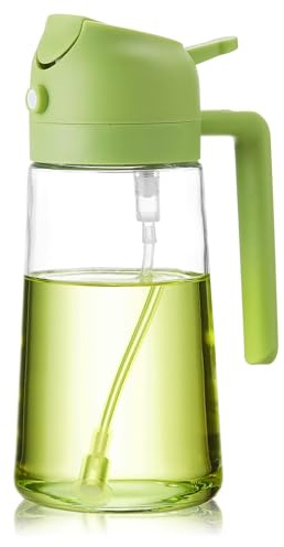 MESNEY Oil Spray Bottle for Cooking, 470ml 3-in-1 Glass Oil Dispenser with Pour Spray and Stream Modes, Leakproof Bottle for Kitchen and Salad Dressing, Green