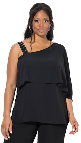 Ulla Popken Damen große Größen Übergrößen Plus Size Chiffon-Bluse, One-Shoulder-Überwurf, A-Linie, 3/4-Arm schwarz 54+ 836057130-54+