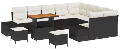vidaXL 12-teiliges Garten-Sofaset mit Kissen – Schwarz, Poly Rattan, für draußen, Patio-Sitzgelegenheiten, wetterfeste Möbel, Terrasse, Couch, Lounge, Sommer, modulare, pulverbeschichtete Stahlrahmen