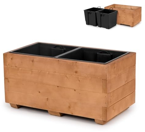 alfalux Blumentopf Holz - Pflanzkübel Übertopf Blumenkasten - mit Zwei Kunststoffeinsätzen Herausnehmbar - 62 x 33 x 32 cm - Nuss Braun 62KAN3332NU