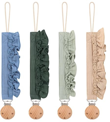 4 Stück weiche Baumwolle und Holz Clip Kette Lanyard für Baby dekoratives Spitzen-Design leichtes Zahnen Zubehör sicherer Baby-Clip Gürtel