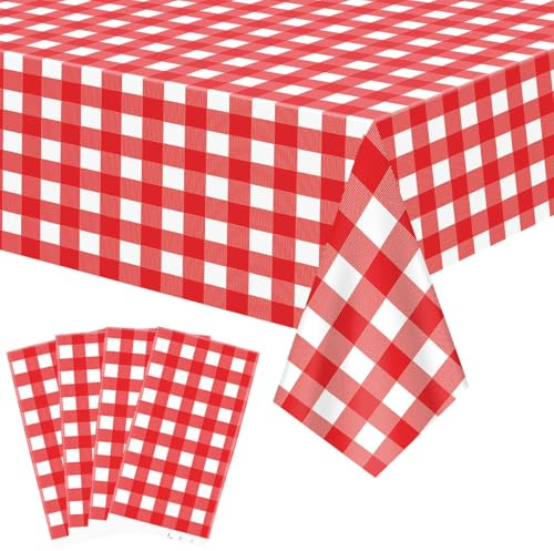 FuenteOrilla 4 Stück rot und weiß karierte Tischdecke aus Kunststoff, rotes Gingham-Tischdecke, wasserdicht, rechteckig, rot kariert, Tischdecke für Picknick, Geburtstag, Hochzeit, Bauernhof, Urlaub