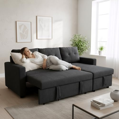 Panana Modern Living L-Shaped Left/Right Sectional Sofa Bed, Corner Storage Chaise, 3 Seater Sectional Sofa Couch, Convertible Sleeper with Hidden Storage Compartment (Gray Linen)