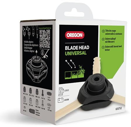 Oregon - Cabezal de Desbrozadora Universal de 3 Cuchillas para Hierba y Maleza, Apto para la Mayoría de las Desbrozadoras de Eje Recto, de Gasolina y Eléctricas como Stihl, Bosch, Ryobi, Worx y Más