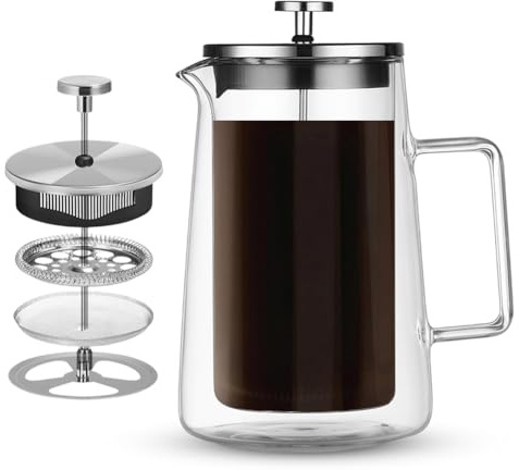 French Press Kaffeebereiter, Glas Kaffeepresse, Kaffeezubereiter für Zuhause, Thermo Doppelwand Design, Manuelle Kaffeepresse, Transparenter Filter, Spülmaschinengeeignet, für Kaffee und Tee, 1000 ml
