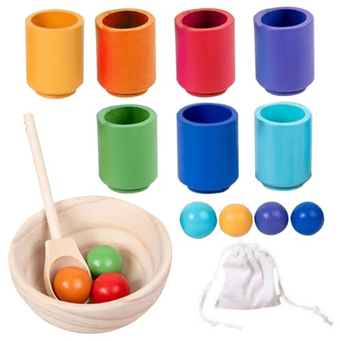 AwnsIMfreien Counting Toys, Colour Sorting Toys for Toddlers Rainbow Balls in Cup Game Wooden Sorter Game Color Matching with Bowl, Spoon and Storage Bag Educational, Color Sorting Bowls