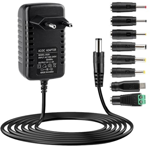 Adaptador de CA 5V 2A, Cargador Fuente de Alimentación AC 100-240V a DC | Convertidor 10W con Enchufe 5,5x2,1mm Polaridad Positiva, Adaptador AC DC para Router, LED, Cámara y Hub