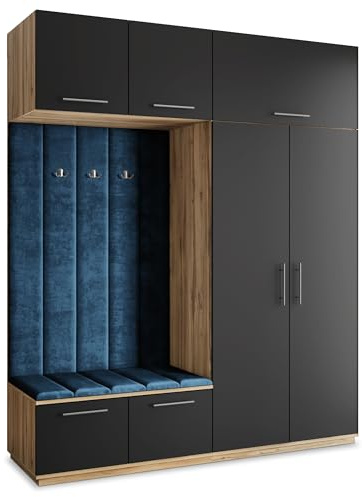 Masseno Flugarderoben Set Rema, Kleiderschrank-Set mit Sitzbank, Garderobenschrank Flur mit 5 Regalböden, Eiche Wotan/Schwarz