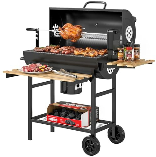 Outsunny Barbacoa de Carbón Portátil, Barbacoa Carbón Barril Móvil con Asador Eléctrico, Estantes Plegables, Rejilla de Calentamiento, Termómetro, Ventilaciones Ajustables, Recoge Cenizas, Ruedas, Asa