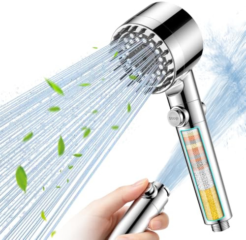 High Pressure Filter Shower Head for Hard Water UK,Massage Brush,3+1 Modes | Power handheld Shower Head with One-touch Water Stop,Water Saving,15 Stage Shower Filter for Residual Chlorine Removal,Silver
