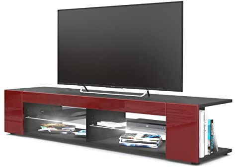 Vladon Lowboard Movie, TV-Kommode mit 4 offenen Fächern und Zierleisten, Schwarz matt/Bordeaux Hochglanz, inkl. LED-Beleuchtung weiß (134 x 29 x 39 cm)