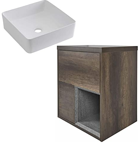 Milano Dark Oak Wall Hung Bathroom Vanity Unit Square Basin 600mm