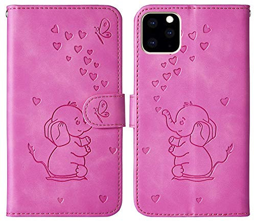 Tiyoo Phone case for iphone 11 pro max Embossed Love Heart Elephant Butterfly Pattern Folding Stand PU Leather Wallet Flip Cover Protective Case with Card Slots, Magnetic Closure (Purple Red)