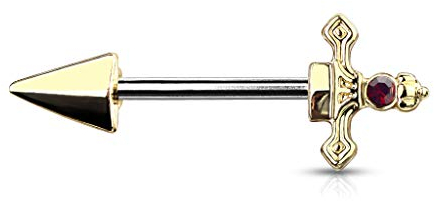 beyoutifulthings Brustwarzen-Piercing roter Kristall Dolch Brust-Piercing Nippel-Piercing Chirurgenstahl Gold Stab 1,6/14mm