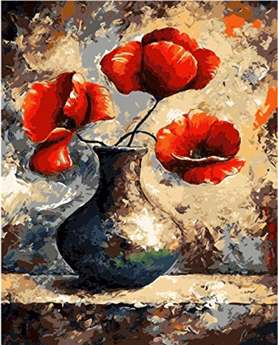 Malen nach Zahlen Erwachsene Rote Mohnblumen In Einer Flasche DIY Handgemalt Ölgemälde Kits Kinder Bastelset Weihnachten Decor Anfänger Dekorationen Geschenke Leinwand Basteln 40x 50 cm,(ohne Rahmen)