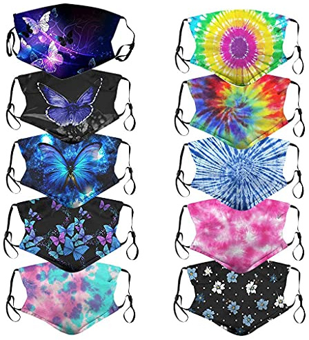 Lot de 10 masques de protection tie & dye lavables et réutilisables avec un fil de nez, boucles pour les oreilles réglables, insert de poche pour filtres - anti-poussière (multicolore - 2)