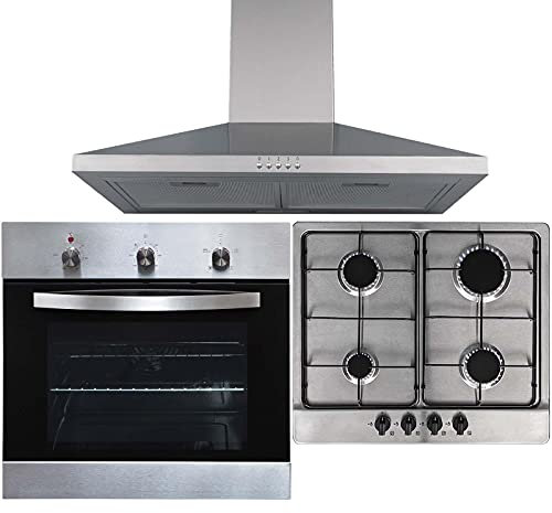 SIA SO113SS 60cm Stainless Steel Electric Single Fan Oven, SSG601SS 4 Gas Burner Hob With Enamel Pan stands & CHL60SS Pyramid Chimney Cooker Hood