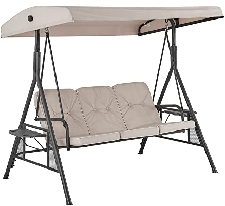 LIVIVO Florence 3 Seater Swing Chair With Canopy Hammock Parasol With Powder Coated Steel Frame, Padded Seated Cushions With Arm Rest, Side Tables Suited For Garden, Balcony, Terrace, Patio (Beige)