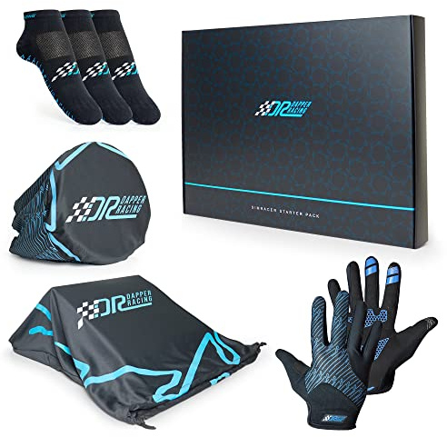 DAPPER RACING | SIMRACER Starter Pack | Touchscreen-kompatible Handschuhe + 3 Paar SIMRACING-Socken + Lenkrad- und Pedalabdeckungen | Mattschwarze Geschenkbox (M)