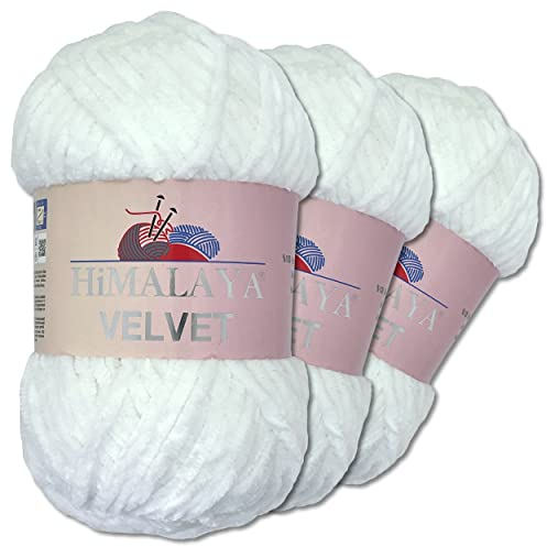 Wohnkult Himalaya 3 x 100 g Velvet Dolphin Wolle 40 Farben zur Auswahl Chenille Strickgarn Flauschwolle Glanz Accessoire Kleidung Decken (90001 | Schneeweiß)