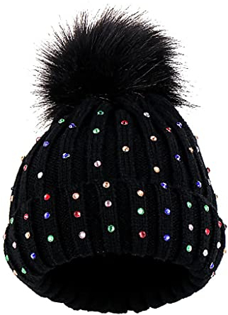 Dressin Kinder Winter Mütze Warme Strickmütze Wintermütze mit Bommel Slouchy Strick Beanie s für Winter mit Fellbommel Gefüttert mit Pailletten Bommelmütze-s Beanie-Mütze mit Bommel Mädchenmütze