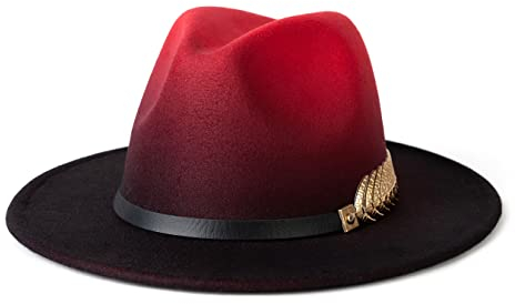 Gossifan Fedora-Hut mit breiter Krempe, Filz-Panamahut mit Gürtelschnalle für Damen, Rot/Schwarz, Medium