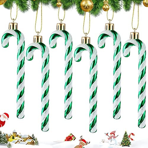 MELLIEX 6 Stück Weihnachtsbaum Anhänger, 14cm Plastik Zuckerstangen Weihnachtsbaumschmuck Glitzernde Anhänger Weihnachten Deko für Weihnachten Geschenke DIY Basteln Geschenkbox (Grün)