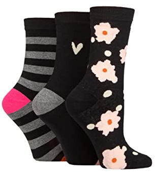 Caroline Gardner Ladies Patterned Cotton Socks Pack of 3 Flower and Spot Black 4-8