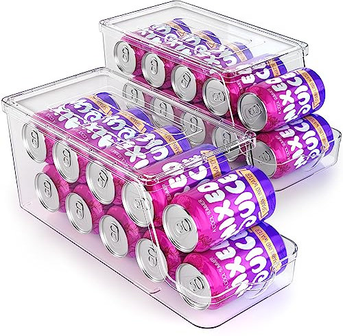 Soda Can Dispenser for Refrigerator with Lids, Stackable Drink Organizer for Fridge, Clear Plastic Refrigerator Organizer Bins, Beverage Can Holders for Pantry, Freezer, Kitchen, Cabinets Set of 2