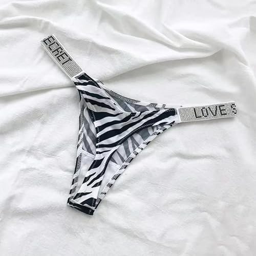 ATMACA Unterwäsche Diamanten Glänzender Strass-Tanga-Frauen Höschen Sexy Damen Kurze Dessousbrief Low-T-T-T-T-T-T-Tinten-Spitze G-String-Zebra,S,1Pc