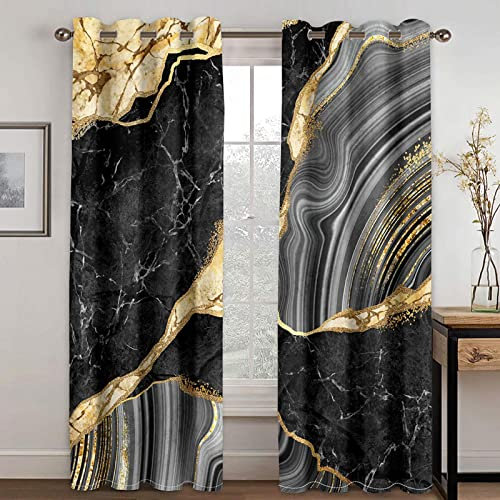 Tende oscuranti per finestre moderne e di lusso in marmo, design con stampa oro blu, per soggiorno, camera da letto, 140 x 290 cm x 2 (L x A)
