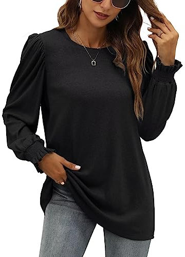 XIEERDUO Damen Pullover Herbst Oberteile Schwarz Langarm Sweatshirt Puffärmel Shirts Elegant Langarmshirts Long Longsleeve XL