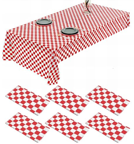 Rechteckige Einweg-Tischdecke aus Kunststoff, wasserdicht, Schachbrett-Tischdecken für Party, Geburtstag, Picknick, Babyparty, Valentinstag, 274,3 x 137,2 cm, Rot und Weiß kariert, 6 Stück