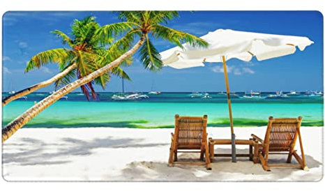 Beach with Palm Tree Chairs and Boats Large Mouse Pad Gaming Mousepad XXL 15.8×29.5 in Non-Slip Rubber Base Desk Mats on Top of Desks Mouse Pads for Wireless Mouse Computer Desks Accessories