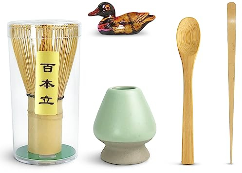 Artcome Service à thé matcha japonais 5 pièces, fouet à matcha, cuillère traditionnelle, cuillère à thé, porte-cuillère, support de fouet en céramique, kit de cérémonie de matcha fait à la main pour