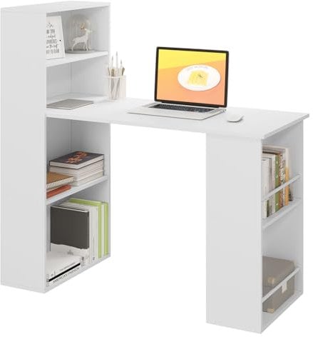 eSituro Schreibtisch mit Stauraum & Bücherregal, Computertisch Homeoffice, Weiß, 120x55x120 cm, Bürotisch fürs Arbeitszimmer Schlafzimmer